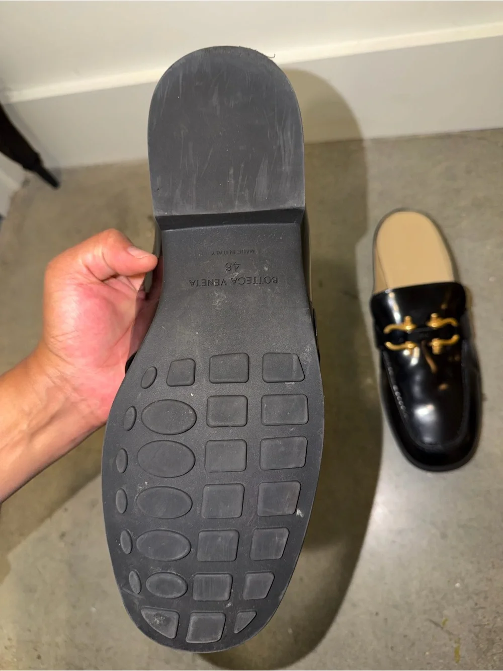 Bottega Veneta Black Leather Slip-On Loafers with Gold Hardware